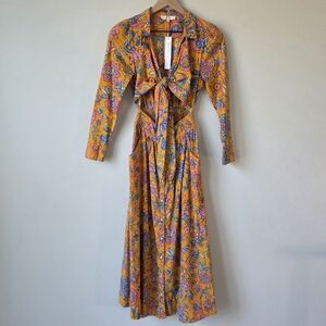 House of Harlow 1960 Floral Midi Dress Tie Front Long Sleeve Womens XS Orange